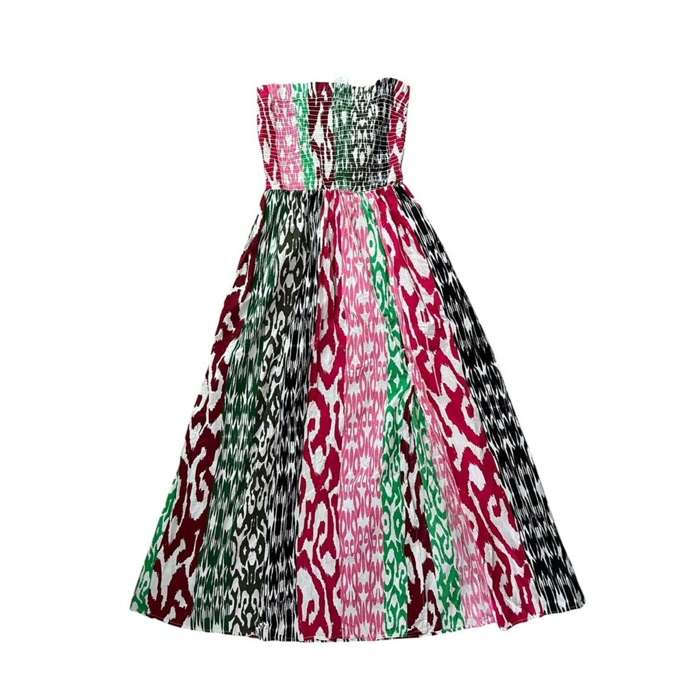 LOFT Beach NWT Strapless Ikat Maxi Dress XS Pink Green Smocked Cotton Boho